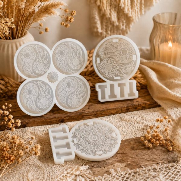 خرید قالب سیلیکونی ست زیر لیوانی دایره طرحدار به همراه پایه